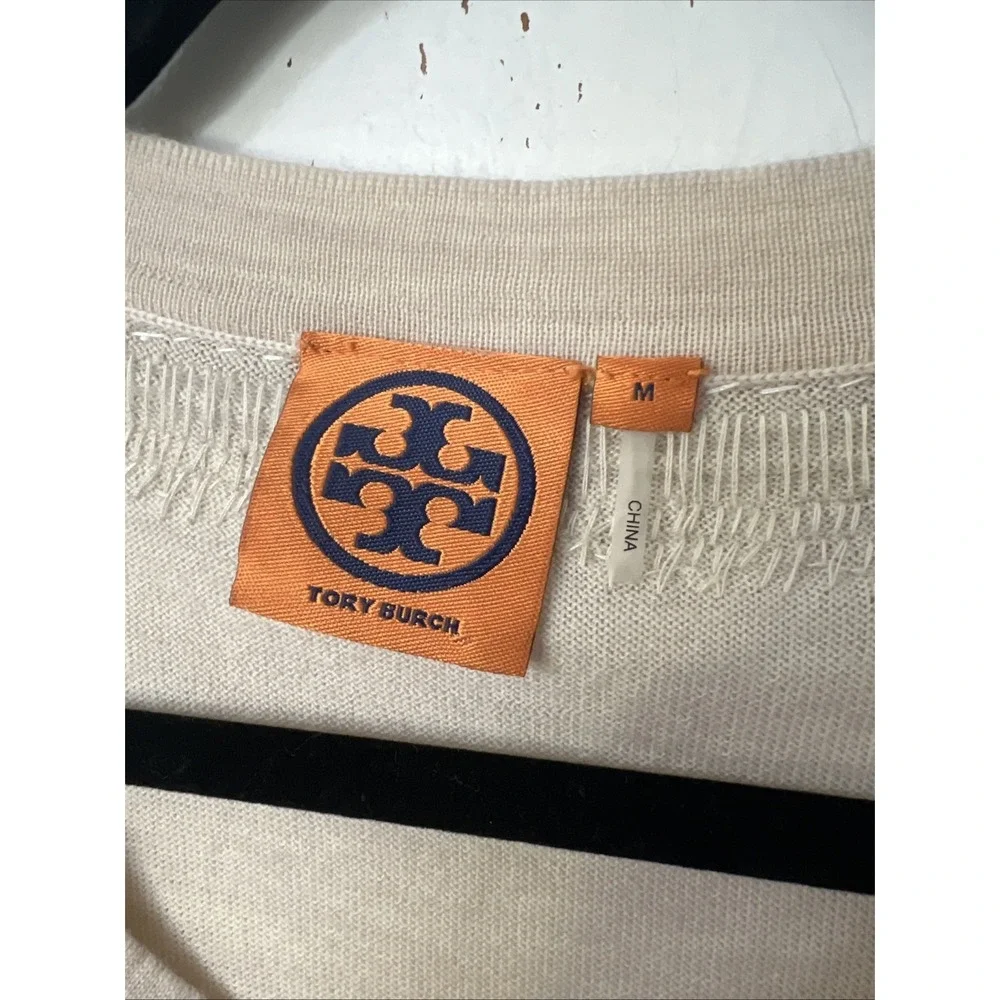 Tory Burch Dove Tunic Cream Merino‎ Wool Beaded Sweater M Preppy